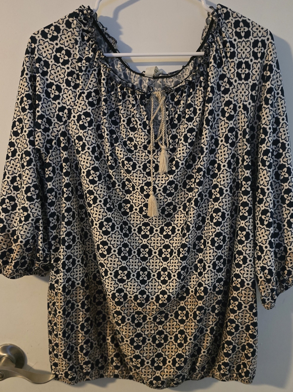 PerSeption Concept Navy and White Patterned Peasant Blouse